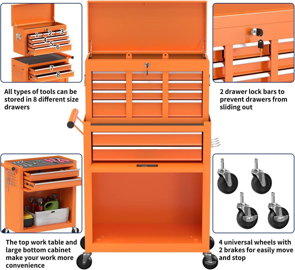 8-Drawer High Capacity Rolling Tool Box with Wheels,Rolling Tool Chest with Drawer,Tool Box on 4 Wheels with Lock, Tool Storage Cabinet Removable Portable Box for Garage Warehouse (Orange)