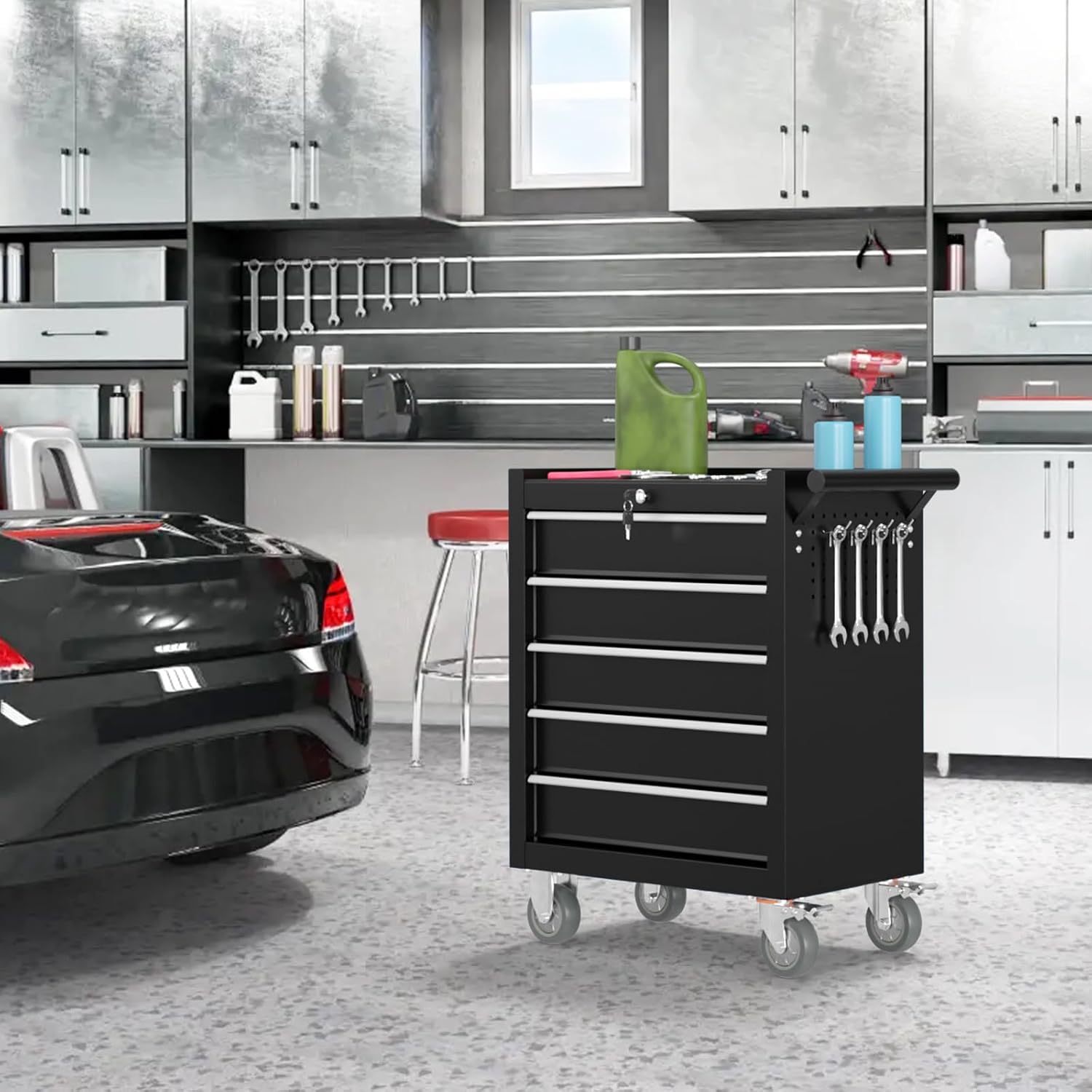 5 Drawers Metal Rolling Tool Chest, Portable Storage Tool Box with Wheels, Toolbox with Lock for Warehouse, Garage, Repair Shop and Tool Room