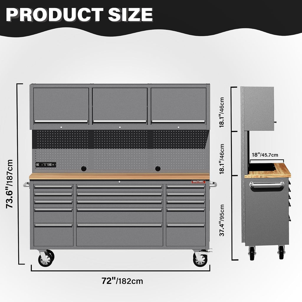 HAUTMEC 72' Rolling Tool Chest, Heavy-Duty Tool Cabinet with Wheels, Garage Workbench with 15 Drawers, 3 Upper Cabinets, Pegboard & 51 Hooks, Oak Worktop & Power Strip – HT0428