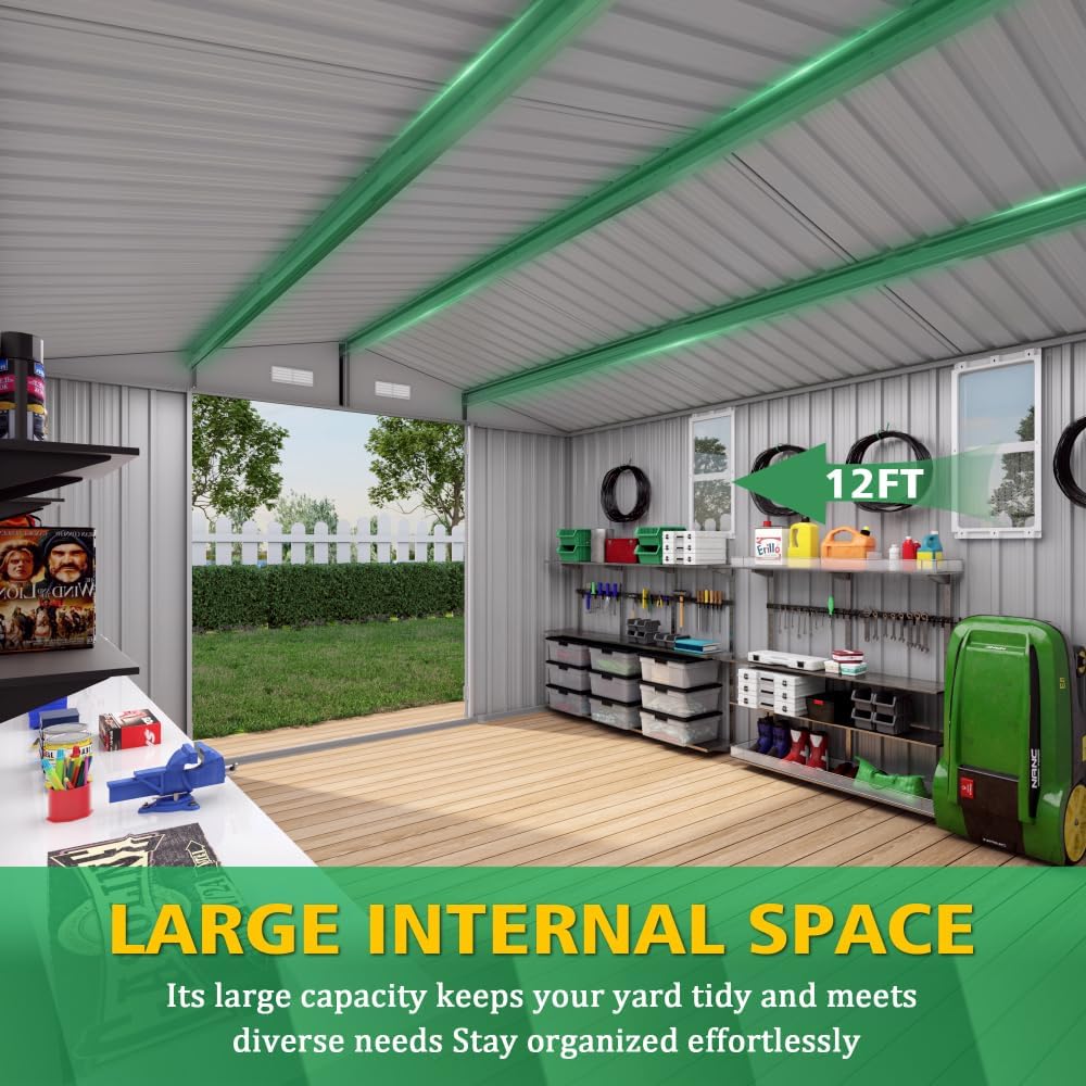 10x12 FT Outdoor Storage Shed, Large Metal Garden Shed with Double Doors & Windows, Waterproof Backyard Tool Organizer for Lawn Equipment, Mower, Outdoor Storage, Patio, Poolside, Grey