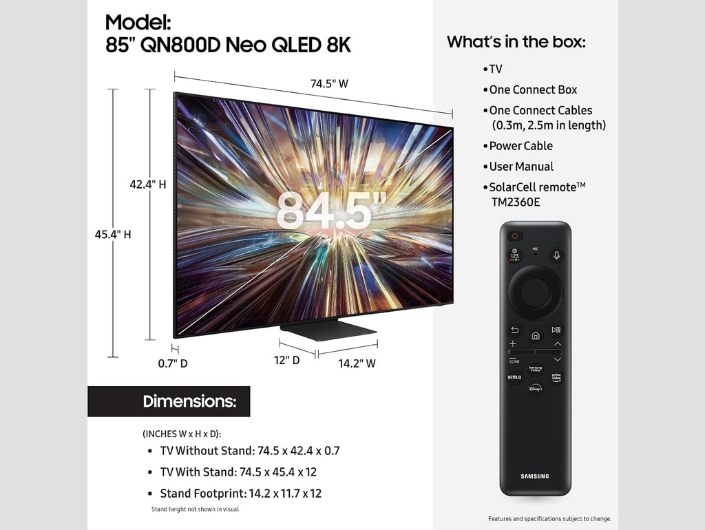 SAMSUNG 85-Inch Class QLED 8K QN800D Series Mini LED, Neo Quantum HDR Smart TV w/Dolby Atmos, Object Tracking Sound+, AI Motion Enhancer, Real Depth Enhancer Pro, Alexa Built-in (QN85QN800D, 2024)