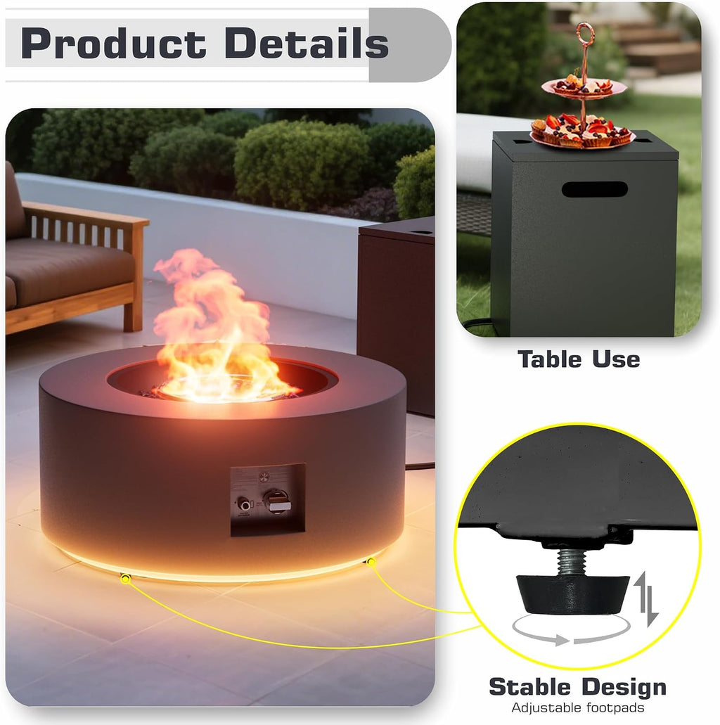 2-Piece 30' LED Round Propane Fire Pit for Outside Patio with Hidden Tank Table, 50,000 BTU Fireplaces with Lid, Glass Rocks, Cover(Dark Grey w/Golden Light)