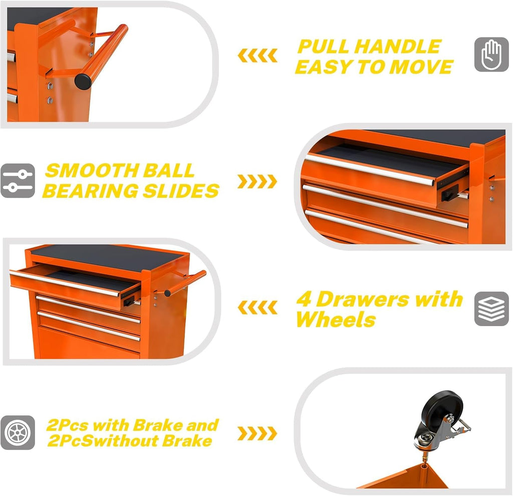 4-Drawer Heavy-Duty Rolling Tool Chest with Wheels, Steel Storage Organizer Cart with Handle, Metal Tool Cabinet for Garage, Workshop, and Repair Shop