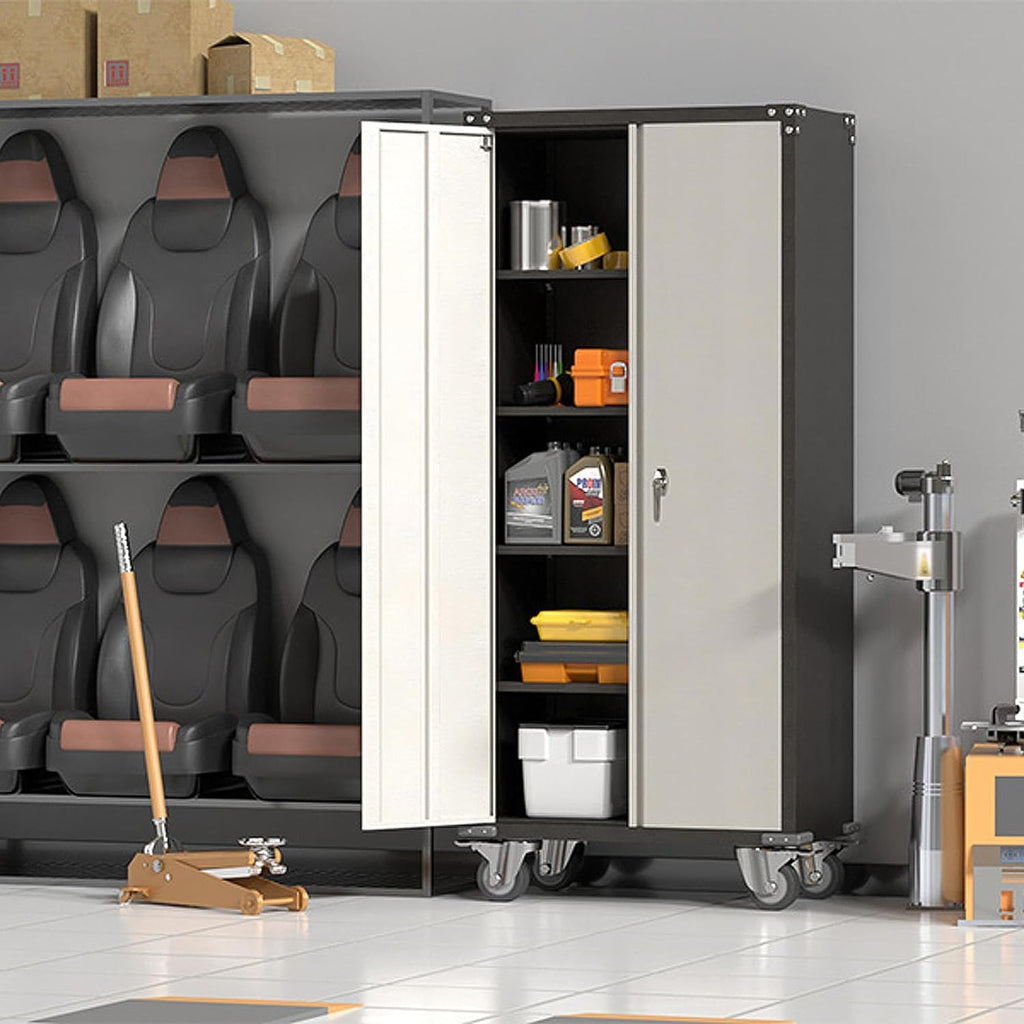 Rolling Garage Storage Cabinet with Locking Door and Shelves, 71''H Lockable Metal Storage Cabinet on Wheels, Steel Tool Cabinet for Warehouse, Basement, Utility Room, Black&Gray