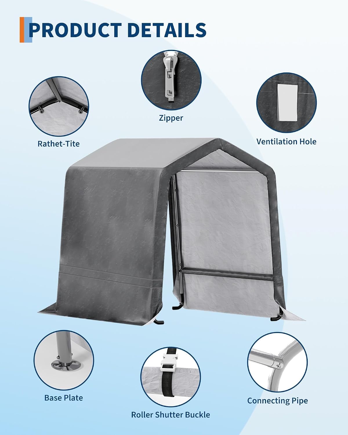 6X8 FT Heavy-Duty Portable Outdoor Storage Shed, Waterproof Carport Shelter with Roll-Up Door for Motorcycle, Bike, Lawn Mower & Tools