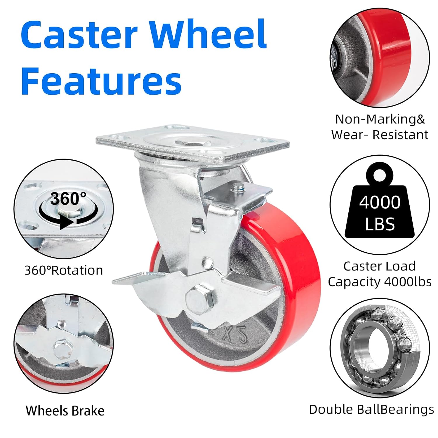 Nefish 5 Inch Industrial Casters Set of 4, Heavy Duty Casters with Brake 4000 Lbs, No Noise Polyurethane Wheel on Steel Hub, Swivel Plate Caster Wheels for Toolbox Workbench (4 Swivel & Brakes)