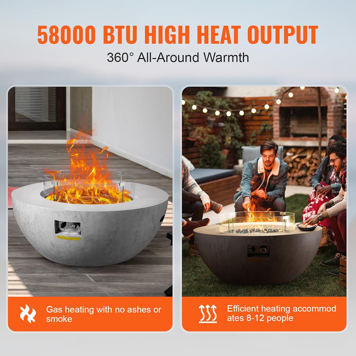 VEVOR Propane Fire Pit, Outdoor Concrete Gas Fire Pit, 39 in Tabletop with Lava Rocks, Lid,Rain Cover,Adjust Flame Height Camping Firepit for Heating, Lighting, 50000 BTU