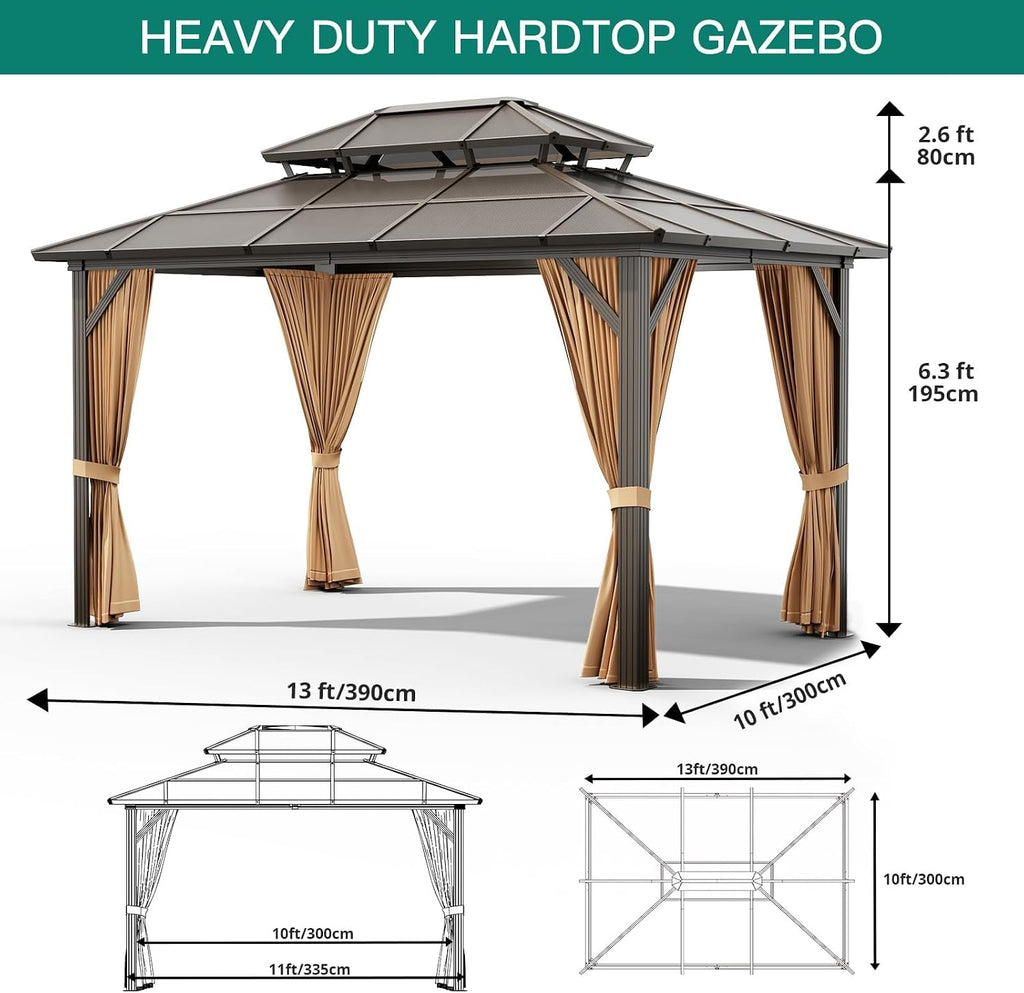 13'x10' Aluminum Permanent Hardtop Gazebo with Double Roof, Includes Removable Curtains & Mosquito Netting for Patio, Garden, and Backyard Use