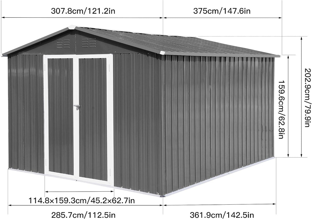 ZeHuoGe 10 x 12 FT Metal Outdoor Storage Sheds with Double Doors, Tool Shed for Garden,Courtyard