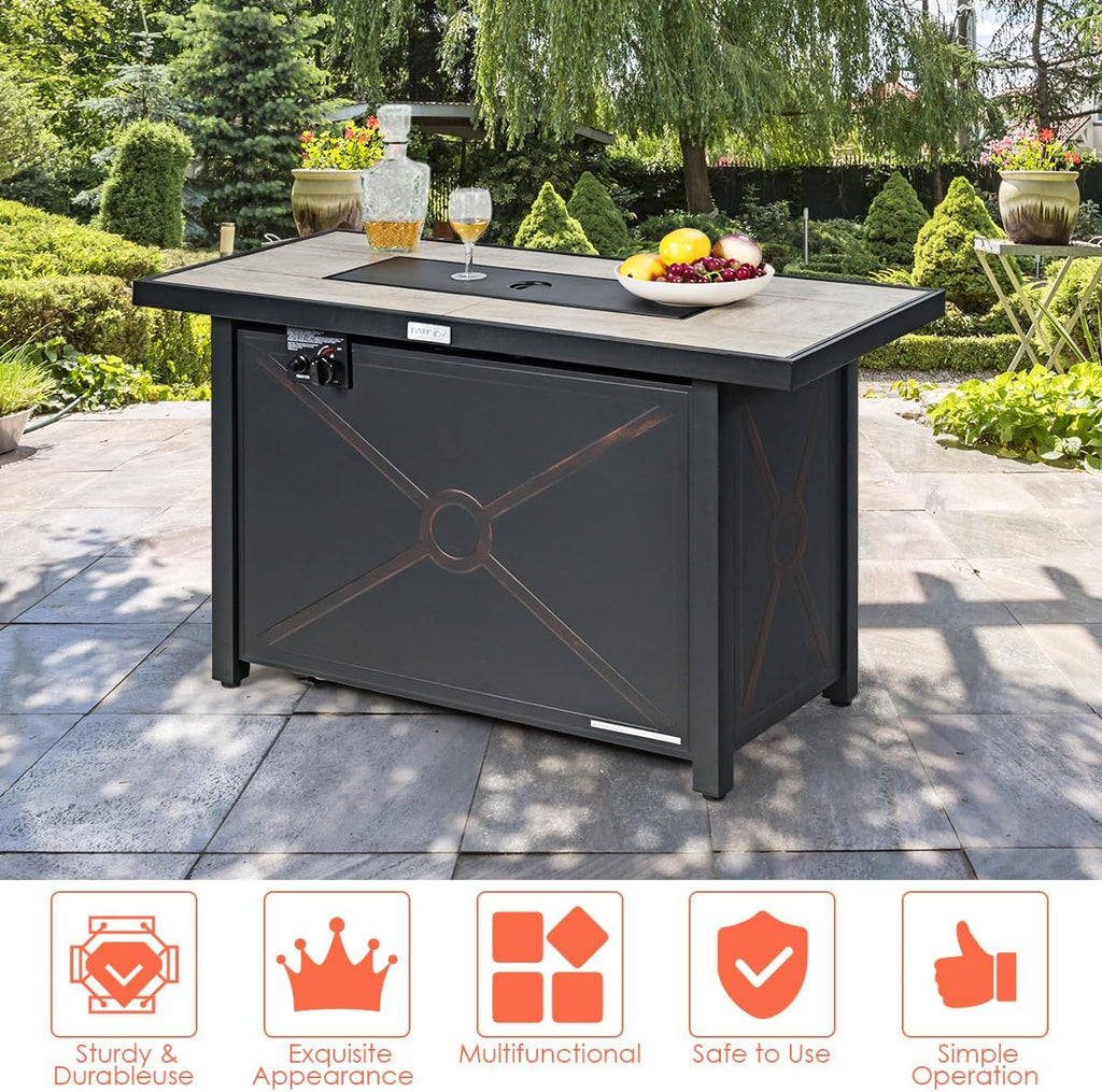 COSTWAY 42' Propane Fire Pit Table, 60,000 BTU Outdoor Rectangle Gas Fire Table W/Ceramic Tabletop, Lava Rock & PVC Cover Included, Stainless Steel Burner, Ideal for Backyard, Poolside