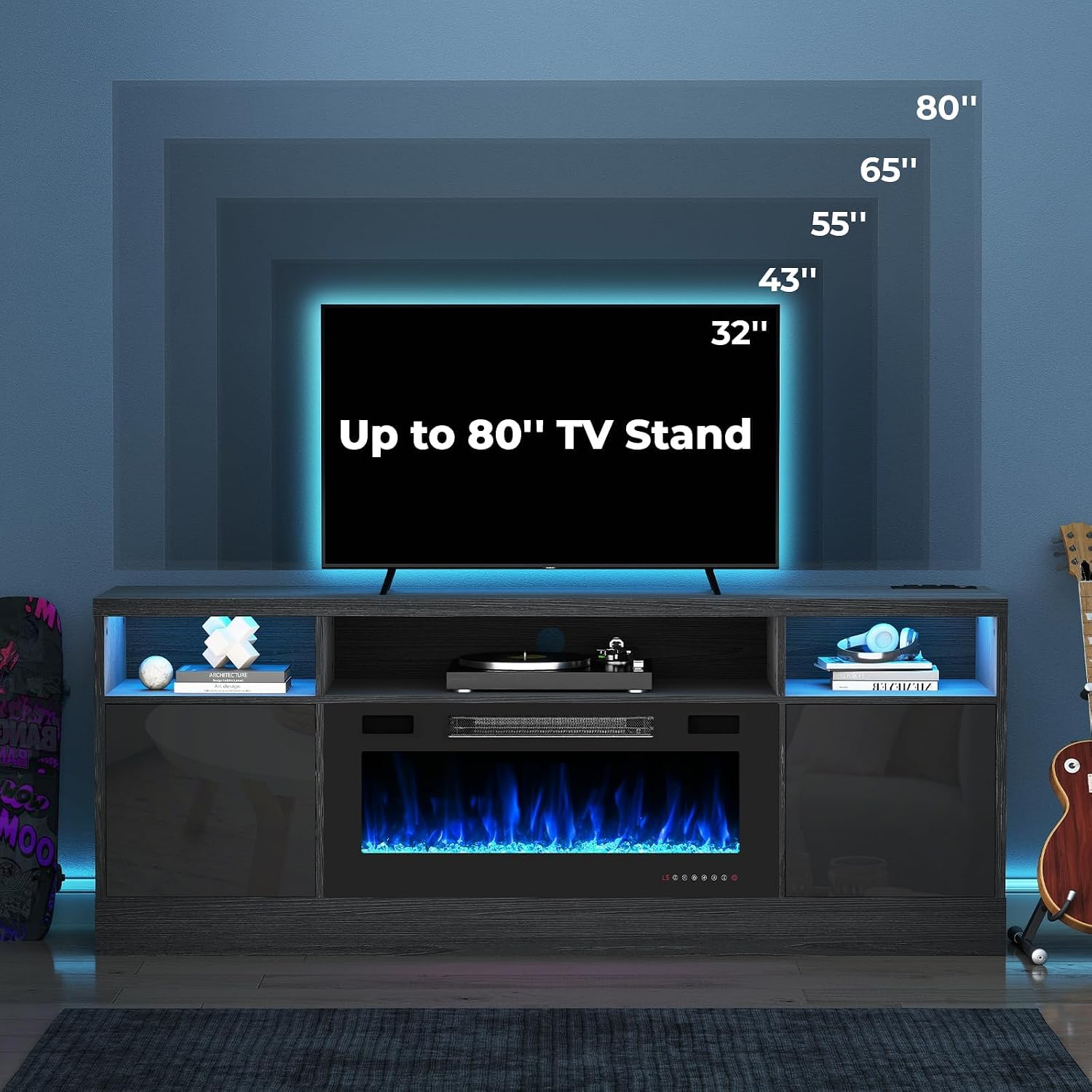 70' Fireplace TV Stand for TVs Up to 80', LED Light Media Console with 36' Electric Heater, Storage Cabinet, Black Entertainment Center for Living Room