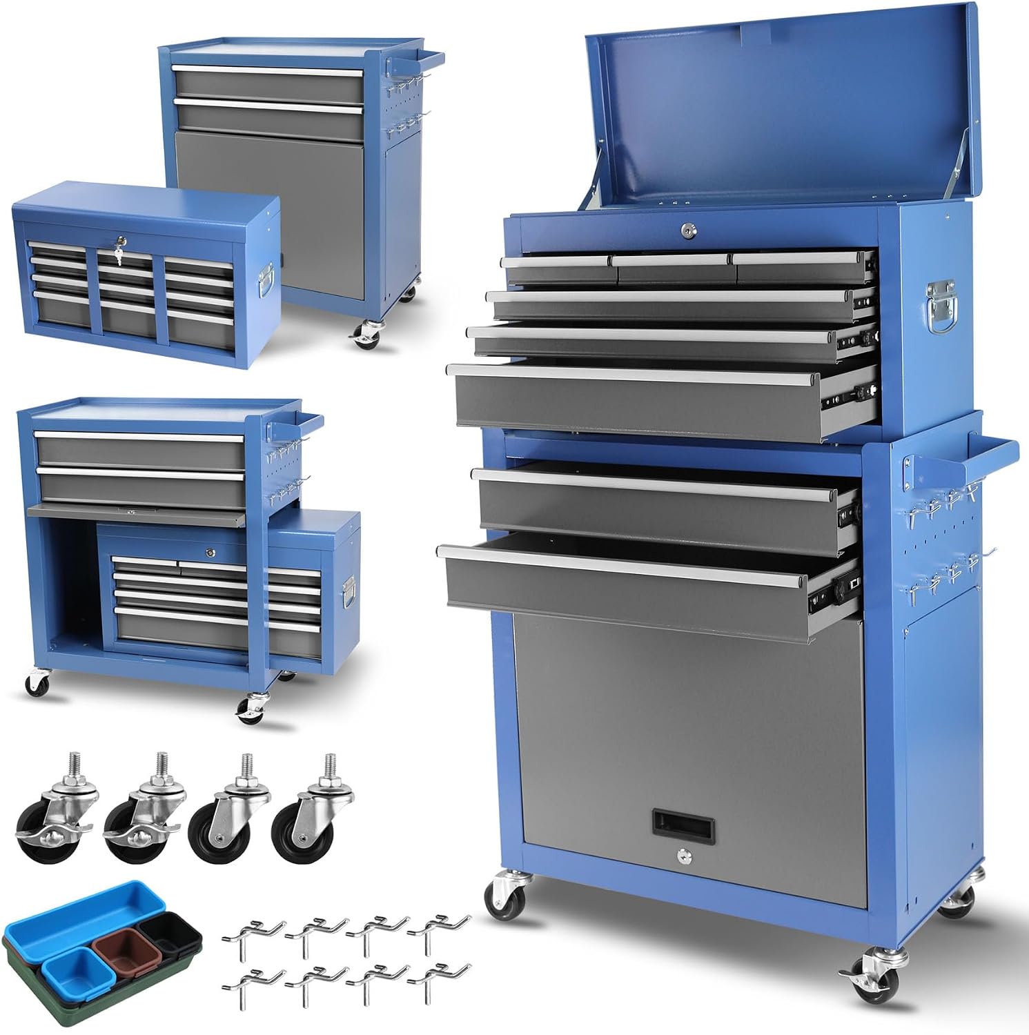 HRVEOCEI Rolling Tool Chest with Drawers, Metal Tool Cabinet on Wheels with Detachable Top Tool Box, 8-Drawer Tool Cart with Adjustable Shelf and Locking Mechanism (8-Drawer Blue+Grey)