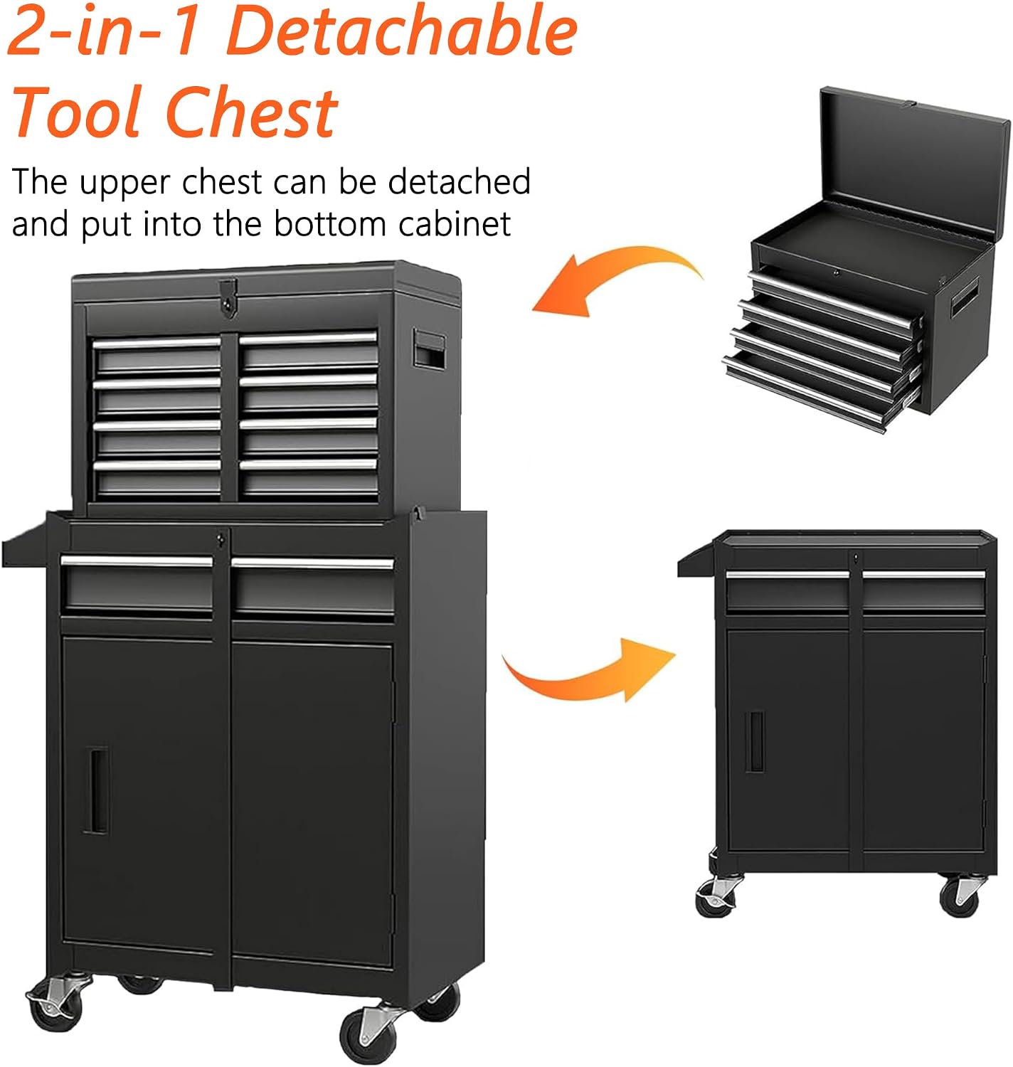 5 Drawer Tool Cart with Wheels & 1 Cabinet, Detachable Portable Top Box, Lockable Rolling Tool Chest Trolley Organizer Set, Multifunctional Tool Box w/Storage Lockers for Garage & Workshop