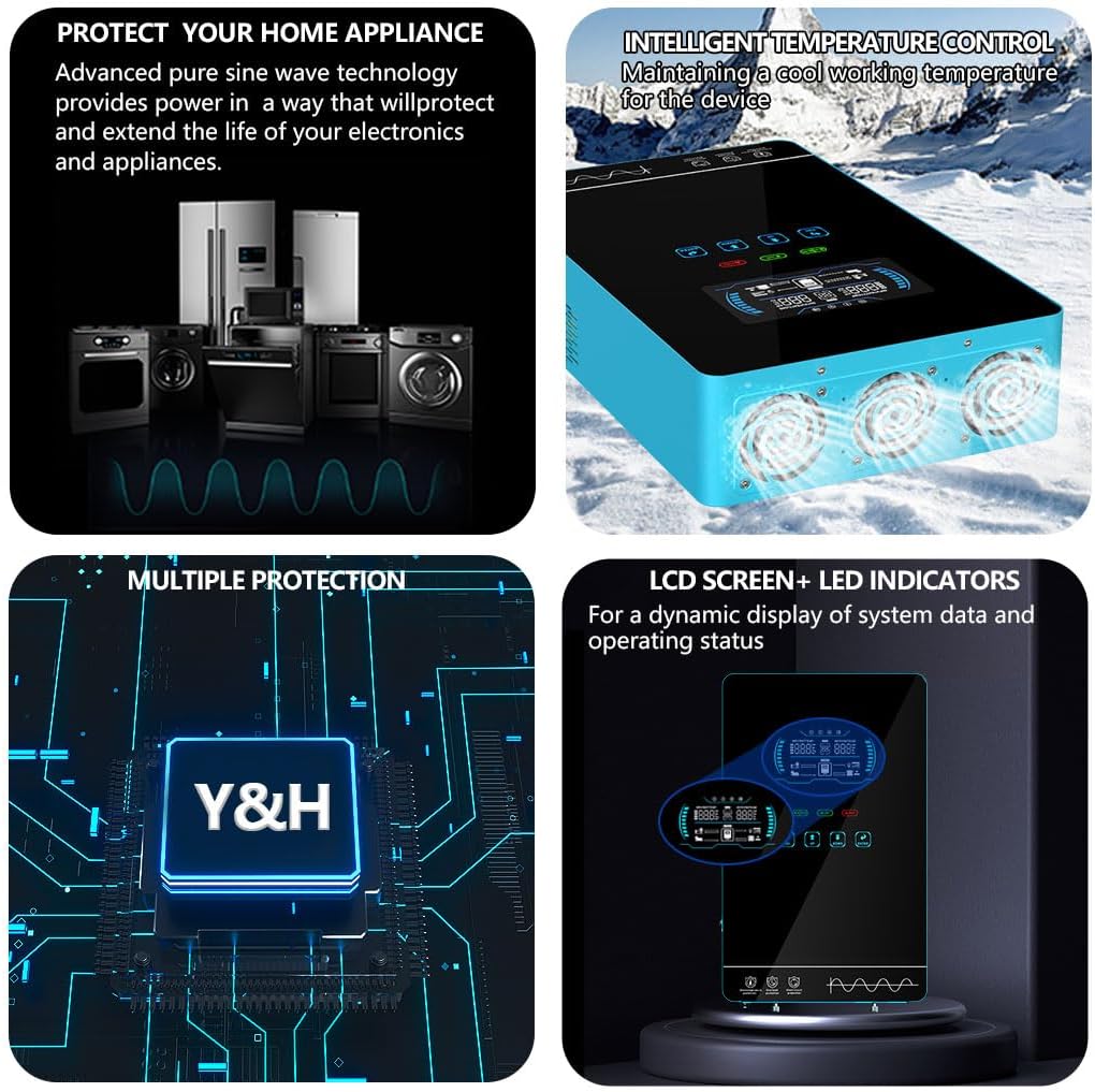 Y&H 4000W Hybrid Solar Inverter DC24V 120VAC Pure Sine Wave Output Battery-Free Starting, Built-in 140A MPPT Charger, 6.25' Touch LCD, UPS/Line/Battery Mode, for Off-Grid Home/RV/Energy Storage System