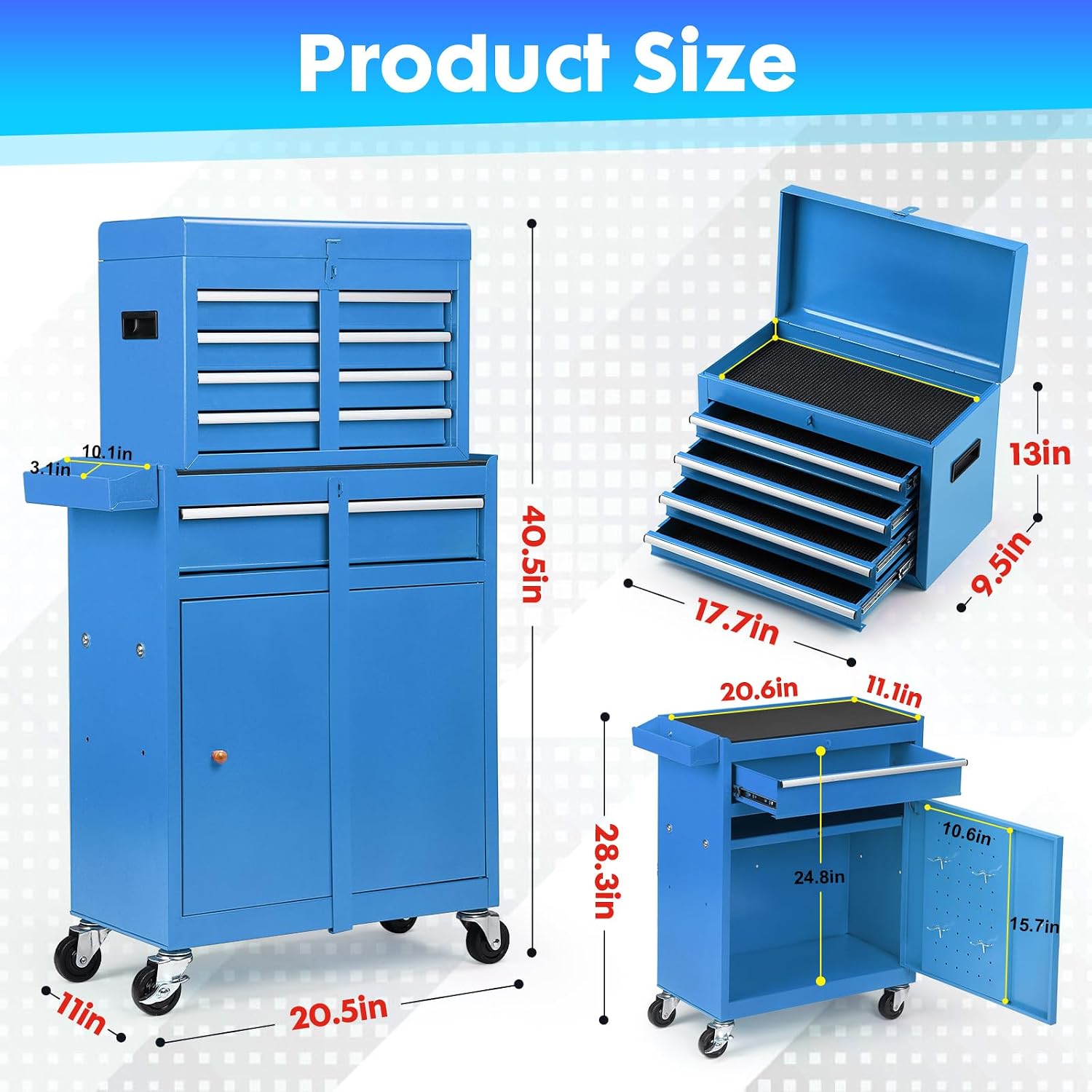 Dawmilon 5-Drawer Rolling Tool Chest, Detachable Top Tool Box, Lockable Metal Tool Cabinet with Wheels, Adjustable Shelf and Liner for Garage Workshop Storage, Blue