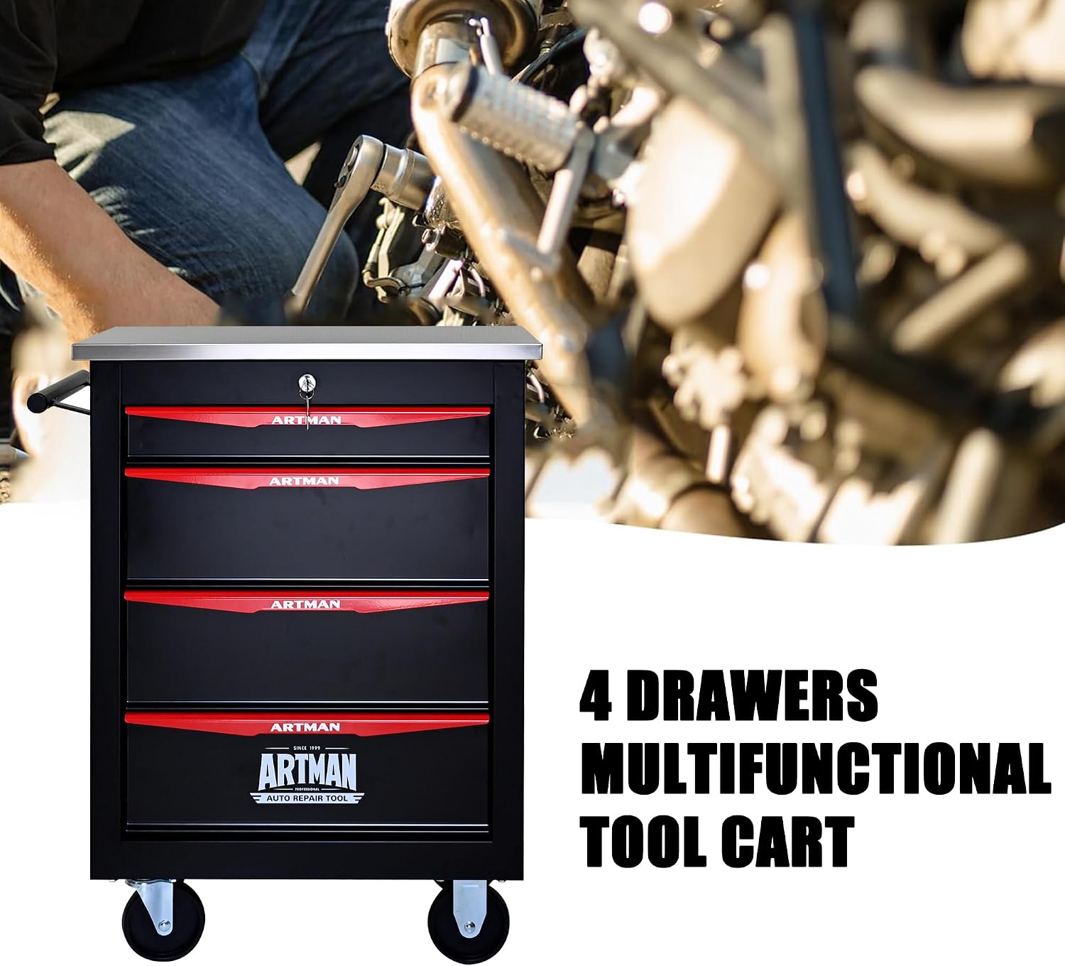 4 Drawers Tool Cart on Wheels, Stainless Steel Countertop Multifunctional Rolling Tool Storage Chest, Drawer Rolling Trolley Organizer Tool Box for Garage,Workshop(4 Drawers-Black)