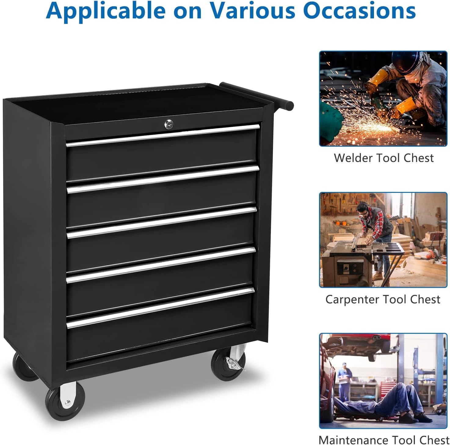 TUFFIOM 5-Drawer Rolling Tool Chest w/Drawers & Lock, Tool Storage Cabinet with Lockable Wheels, Top Cushion & Drawer Liners, Tool Organizer Box for Garage, Warehouse & Repair Sho