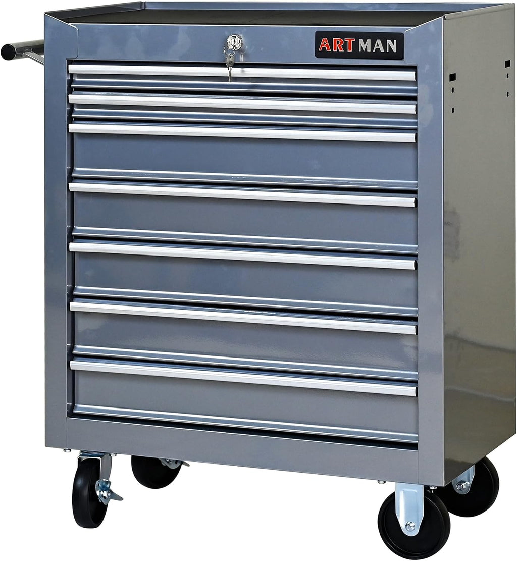 Rolling Tool Chest with 7-Drawer Tool Box with Wheels Multifunctional Tool Cart Mechanic Tool Storage Cabinet for Garage, Warehouse, Workshop, Repair Shop (Silver)