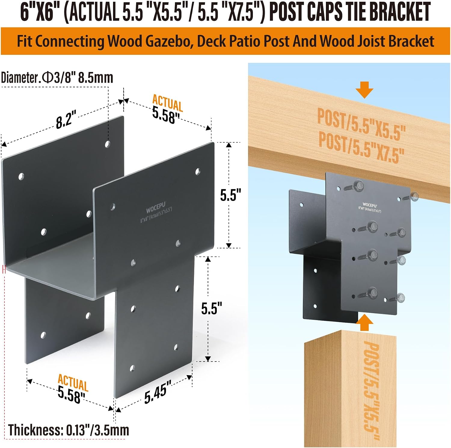 4 Pack Heavy Duty 6x6 (Actual 5.5'x5.5') Stainless Steel Post Caps Tie Bracket, Fit Connecting Wood Gazebo, Deck Patio Post and Wood Beams Bracket (Dark Ggray)