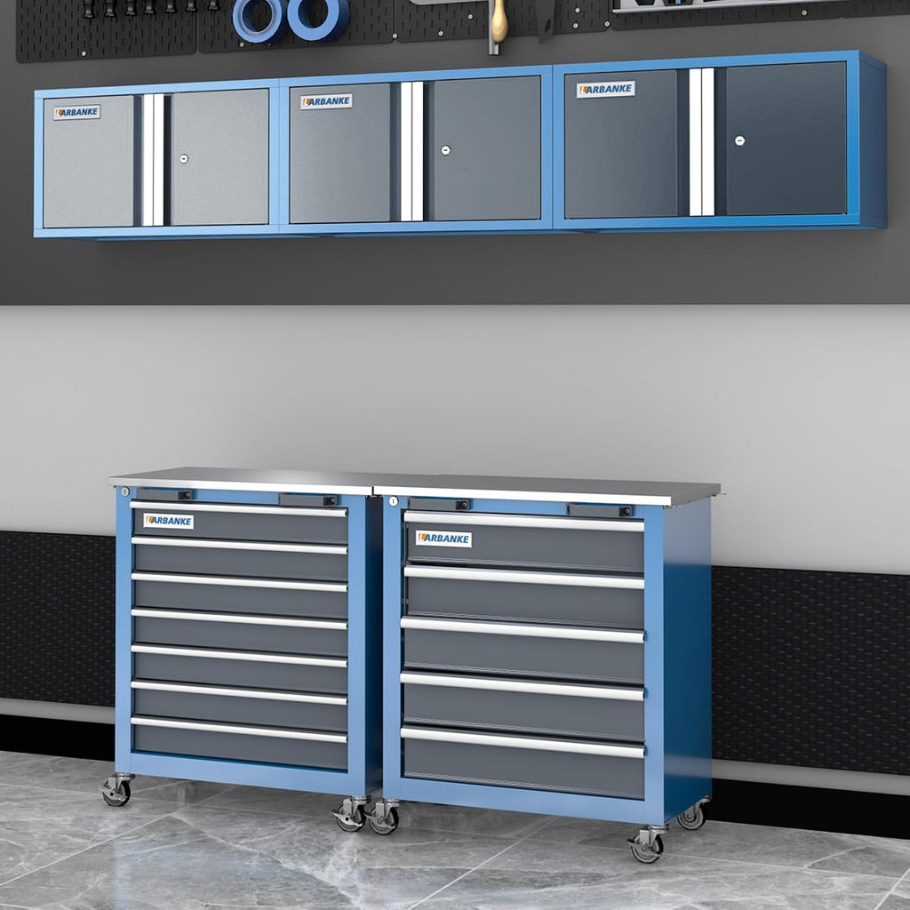 LARBANKE Metal Storage Cabinet System with Lock and Keys,Storage Cabinet System with 3 Wall Cabinet,One 5-Drawer Tool Chest and One 7-Drawer Tool Chest,Universal Brake Wheel &Padded Feet Attached