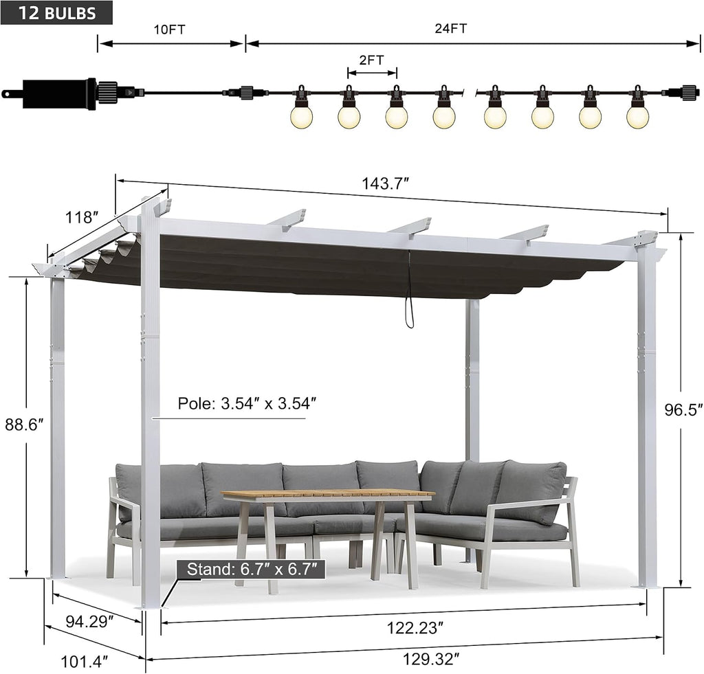 PURPLE LEAF 10' x 12' White Pergola Patio Aluminum Pergola with Retractable Canopy for Outdoor Backyard Poolside, Grey