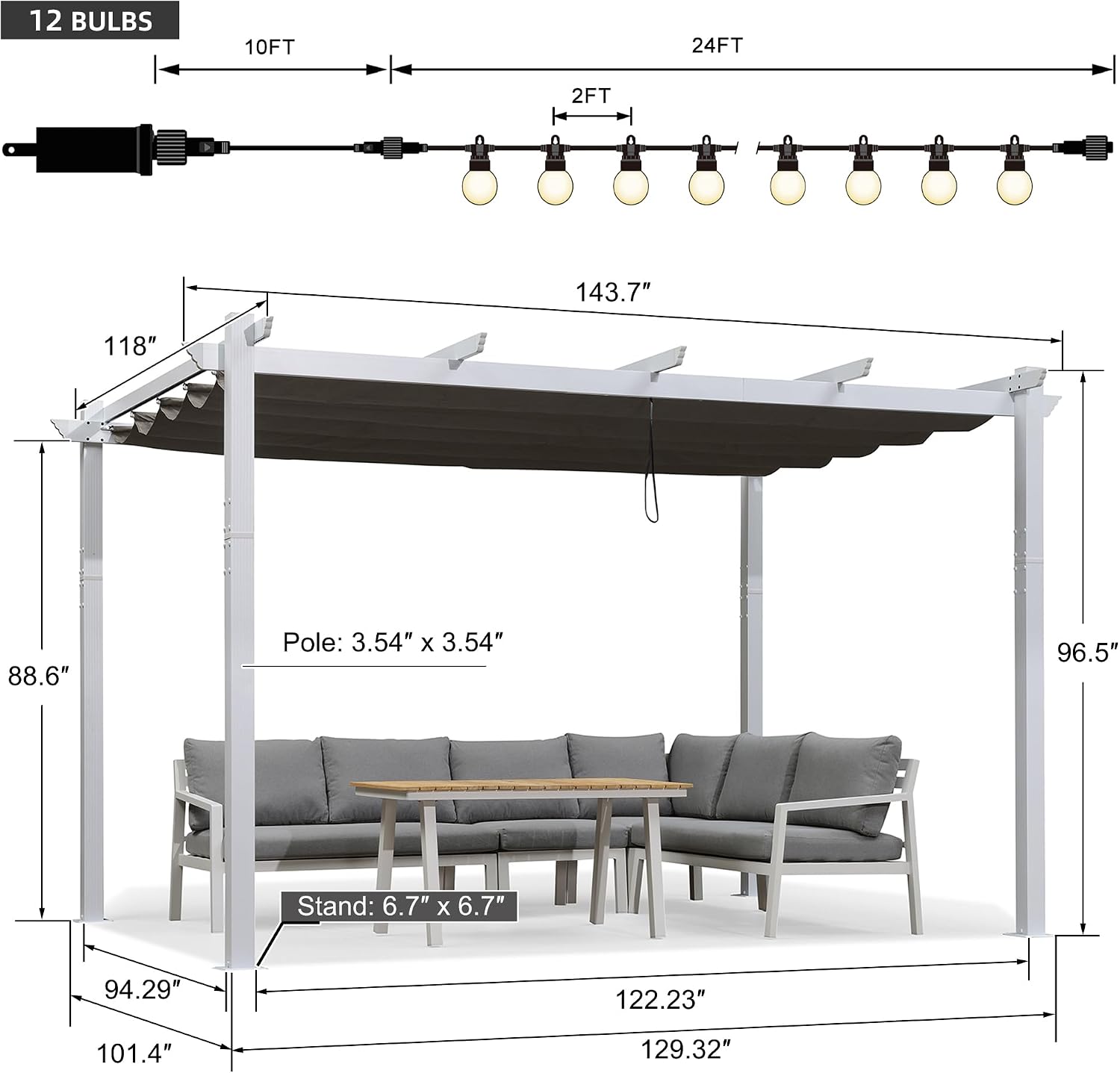 PURPLE LEAF 10' x 12' White Pergola Patio Aluminum Pergola with Retractable Canopy for Outdoor Backyard Poolside, Grey
