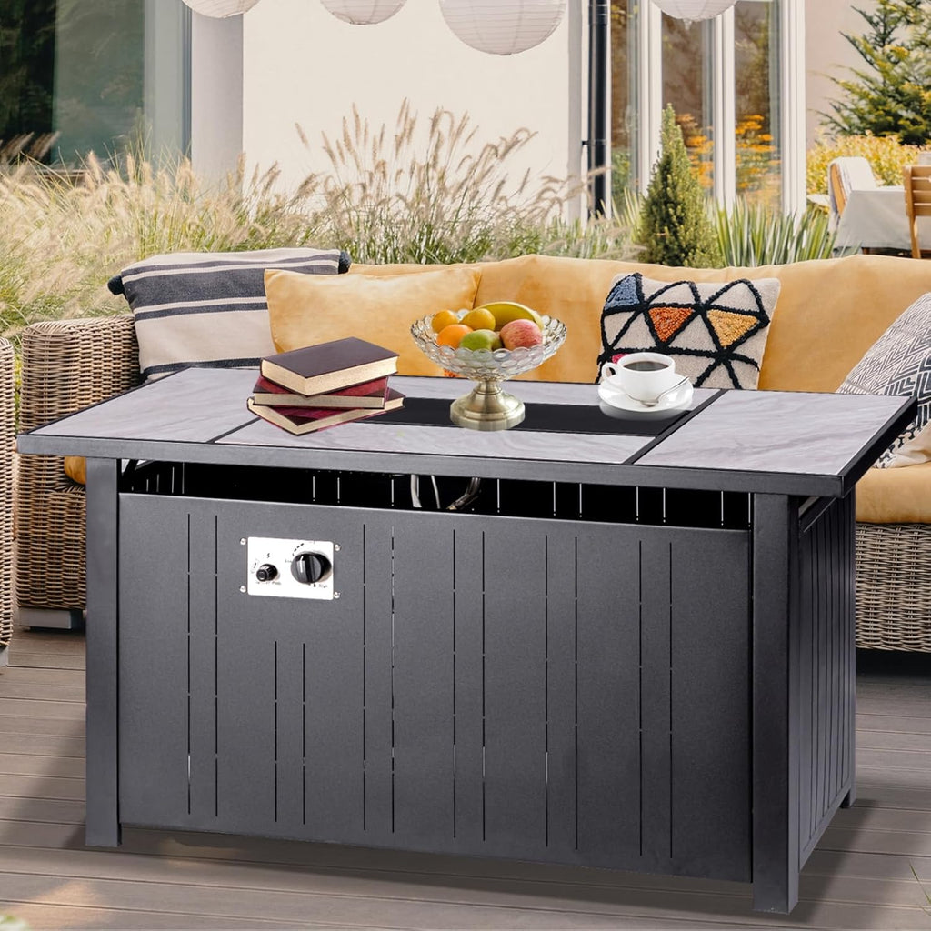 OutVue 47' Propane Fire Pit Table with Real Ceramic Tabletop, 50000 BTU Gas Firepit Table with Lid & Lava Stones, Outdoor Fire Pit for Dining or Party, Firepit for Outside, Patio