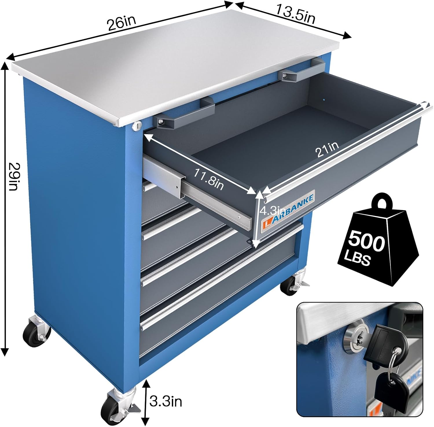 LARBANKE 5-Drawer Rolling Tool Chest,Tool Cabinet on Wheels with Keyed Locking System and Drawer Liners,Tool Chest with Link Buckle and can be Combined to Large Cabinet Set,for Warehouse,Garage
