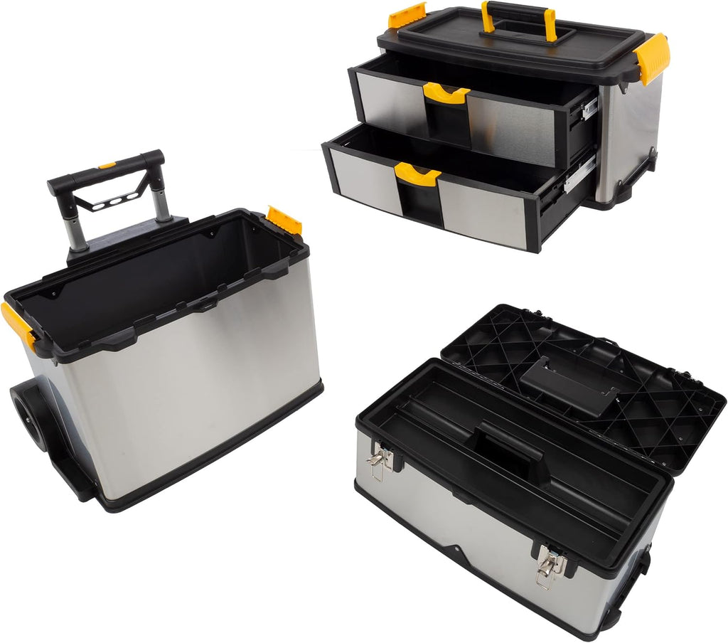 3-Part Portable Tool Box - Stainless-Steel Drawer Organizer with Wheels, Extendable Handle and Tough Latches - Rolling Tool Chest by Stalwart (Silver)