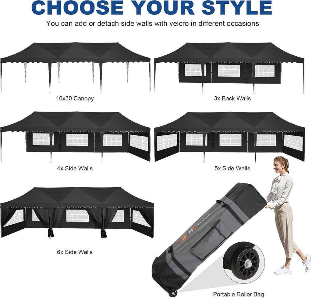 HOTEEL Party Tent 10x30 Pop Up Canopy with 8 Sidewalls, Waterproof UPF50+ for Backyard and Events, Easy Setup with Wheeled Bag & 4 Weight Bags, Extra Height, Black
