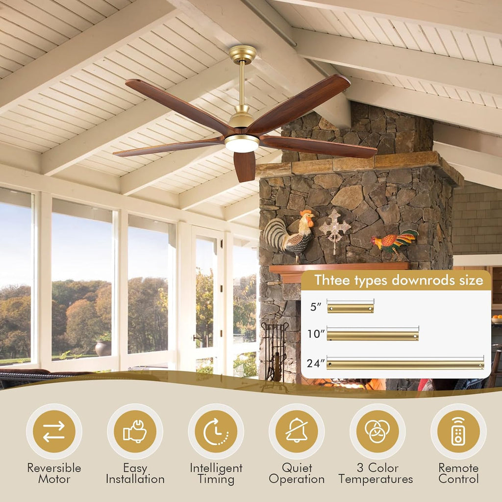 52 Inch Gold Ceiling Fan with Light, Rustic Wood Ceiling Fans with Lights Remote Control Reversible Quiet DC Motor, Indoor Exterior Ceiling Fan for Patios Porch Gazebo Living Room, Dimmable, 3CCT