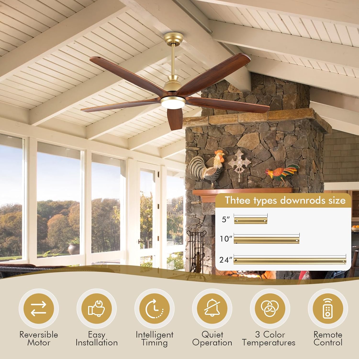 60 Inch Outdoor Ceiling Fan with Light and Remote, Gold Ceiling Fans with Lights, Solid Wood Blade, Quiet Reversible DC Motor, Damp-Rated Large Outdoor Ceiling Fans for Patios Porch Gazebo Farmhouse