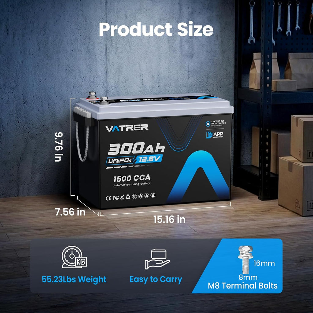 12V 300Ah Lithium LiFePO4 Battery with APP Monitoring, 200A BMS Rechargeable Starting Battery with 2PCS Battery Tie Down Straps, Perfect for RVs, Solar, Boats, Off-Grid,Home Energy Storage