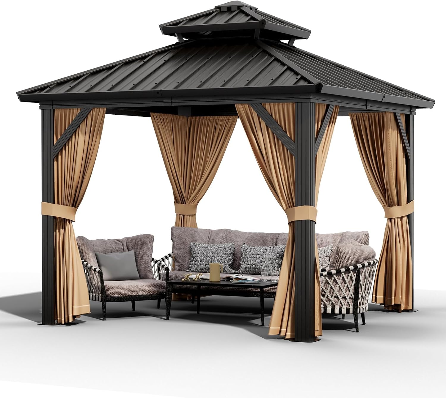 GAOMON 10x10/12 Ft Heavy-Duty Hardtop Pavilion – Double Roof Galvanized Steel Gazebo with Nettings & Curtains for Deck, Lawn & Patio, Brown+Black