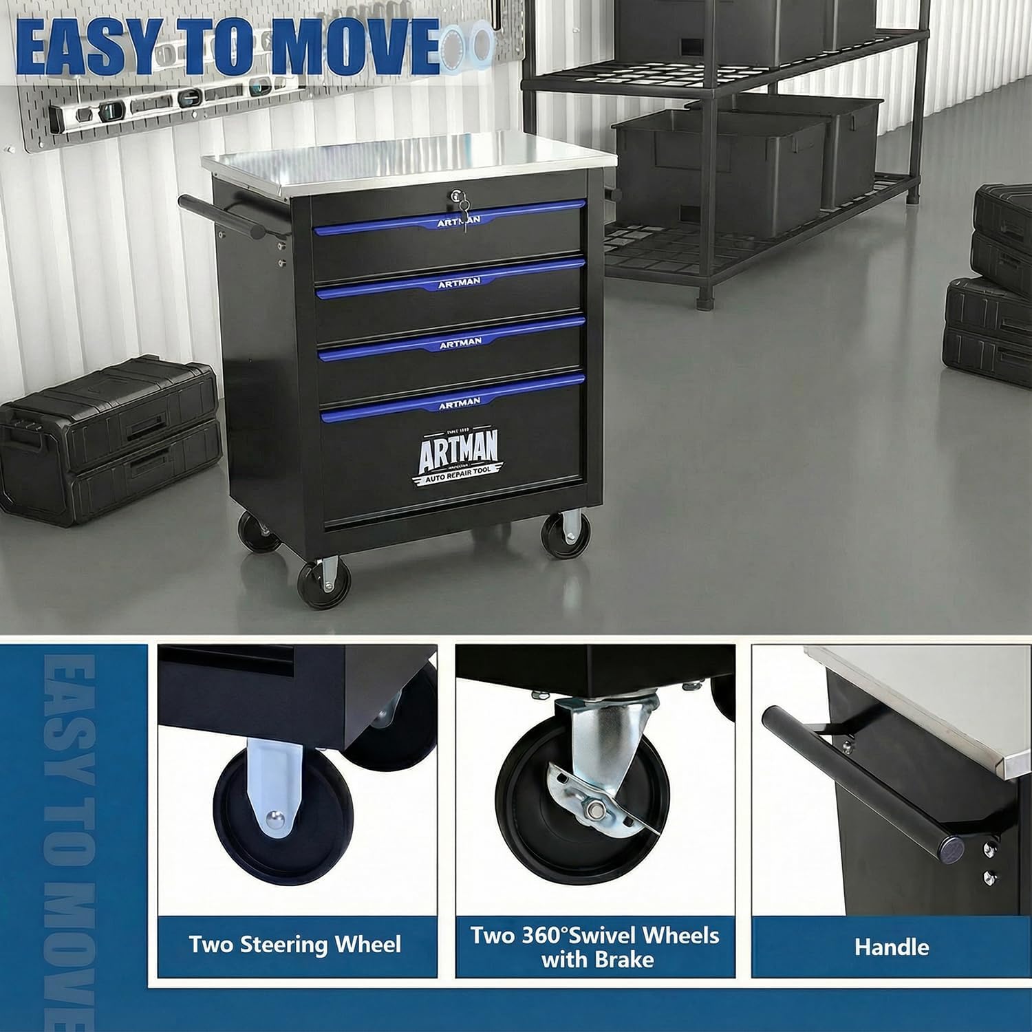 4-Drawer Rolling Tool Chest, Stainless Steel Countertop Mobile Tool Cabinet with Key Lock, 360° Swivel Wheels & Padded Feet, Portable Tool Storage Box for Home Garage Workshop, Black & Blue