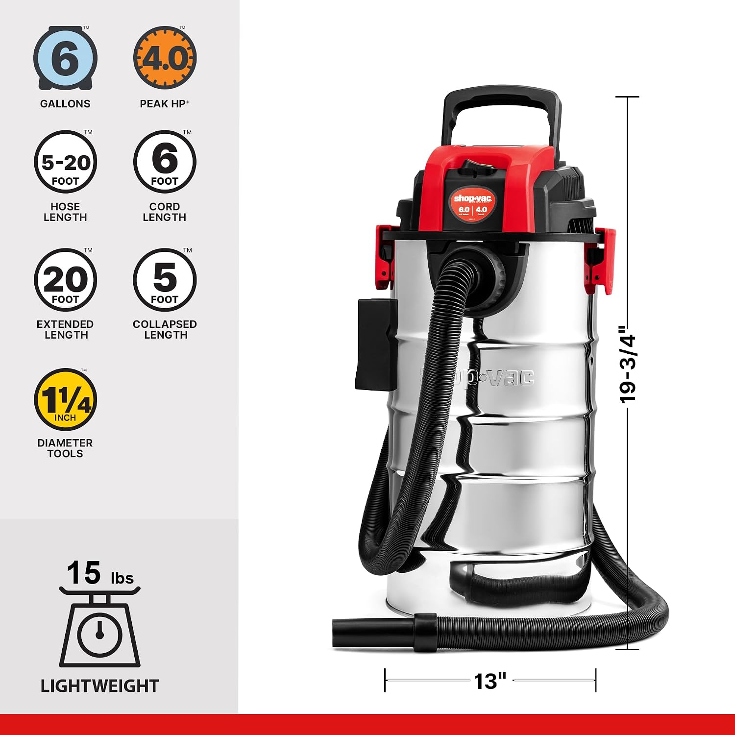 Shop-Vac 6 Gallon 4.0 Peak HP Wet/Dry Vacuum, Wall Mountable Compact Shop Vacuum with Up to 20 ft Extra Long Hose & Accessories - Ideal for Jobsite, Garages, Car & Workshops