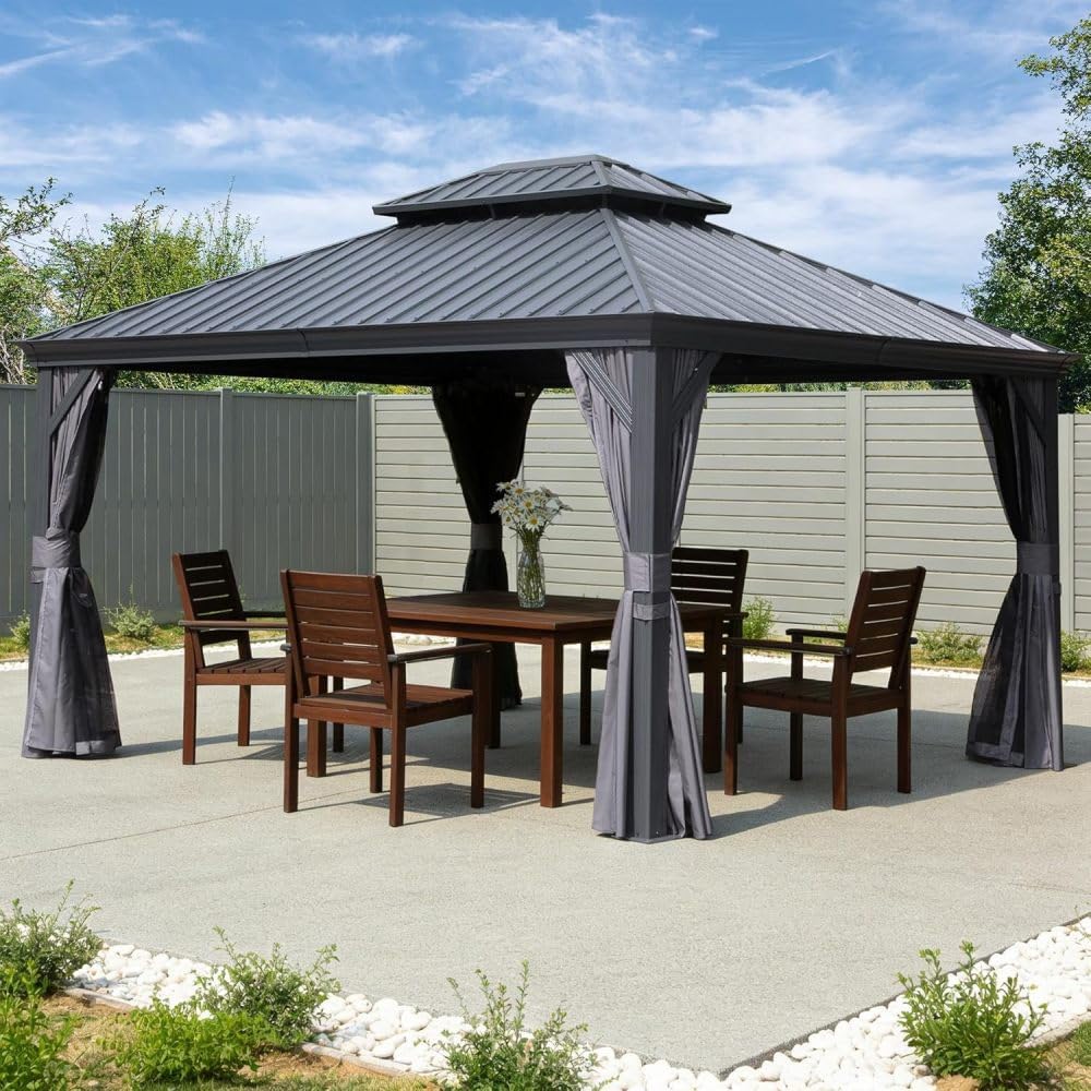 11x13FT Hardtop Gazebo with Double Roof & Netting, Galvanized Steel Outdoor Metal Gazebo Water Resistant, Includes Privacy Curtains, Patio Pergola for Deck Backyard, Modern Gray