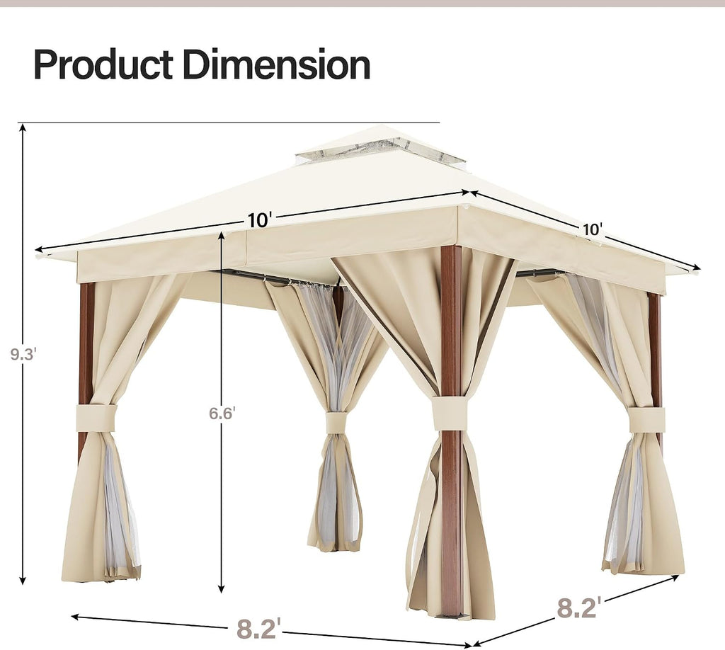 LAUSAINT HOME 10'x10' Outdoor Gazebo, Metal Frame Heavy Duty Patio Canopy Tent Shelter with Double Roofs, Mosquito Nettings and Privacy Screens for Backyard, Garden, Lawn, Cream White