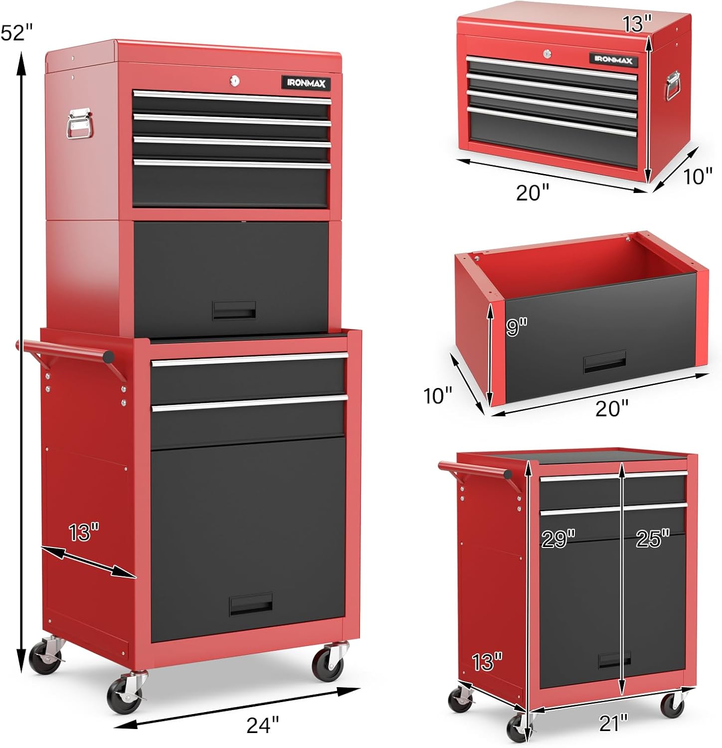 IRONMAX Tool Cabinet on Wheels, 6-Drawer Lockable Rolling Tool Chest w/ 4 Universal Wheels, 2 in 1 Detachable Tool Box Storage Organizer for Garage Workshop Repair Shop, Black & Red