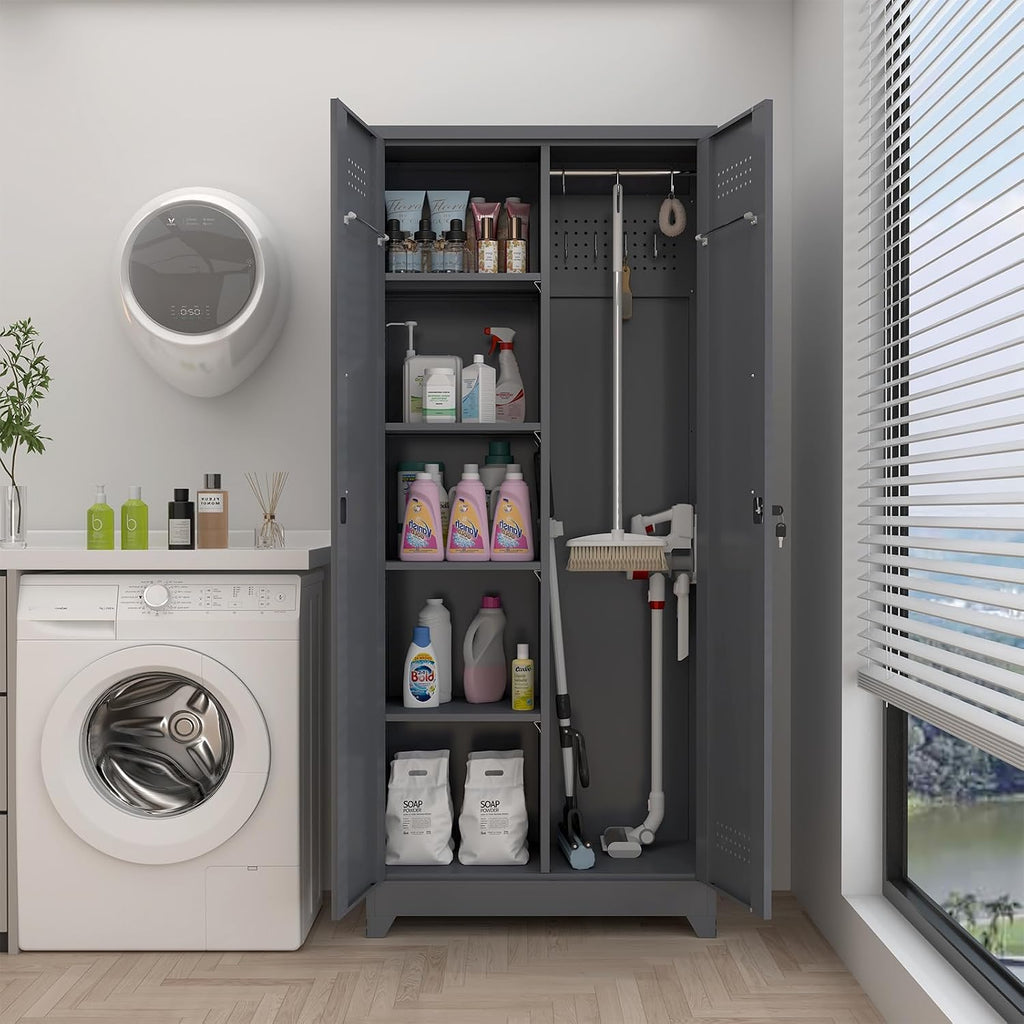 GREATMEET 72.8' H Tall Metal Garage Storage Cabinet for Cleaning Tools, Lockable Double Door Utility Organizer with Pegboard & Tool Hanging Bars, Grey