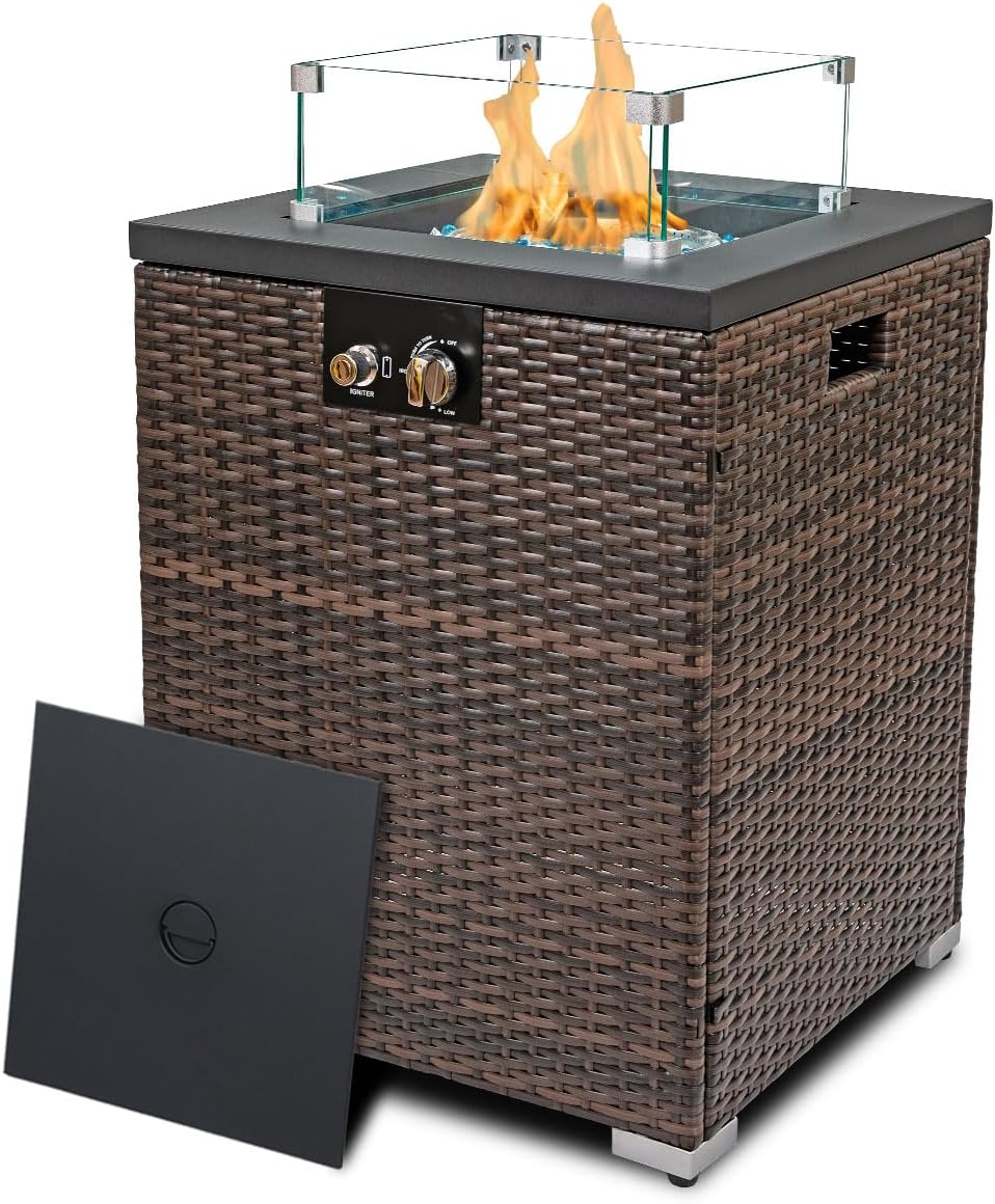 22in Outdoor Propane Gas Fire Pit Table, 40,000 BTU Auto-Ignition Gas Firepit with Glass Wind Guard, Painted Steel Tabletop, Mixed Color Glass Rocks, Brown PE Rattan