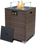 22in Outdoor Propane Gas Fire Pit Table, 40,000 BTU Auto-Ignition Gas Firepit with Glass Wind Guard, Painted Steel Tabletop, Mixed Color Glass Rocks, Brown PE Rattan