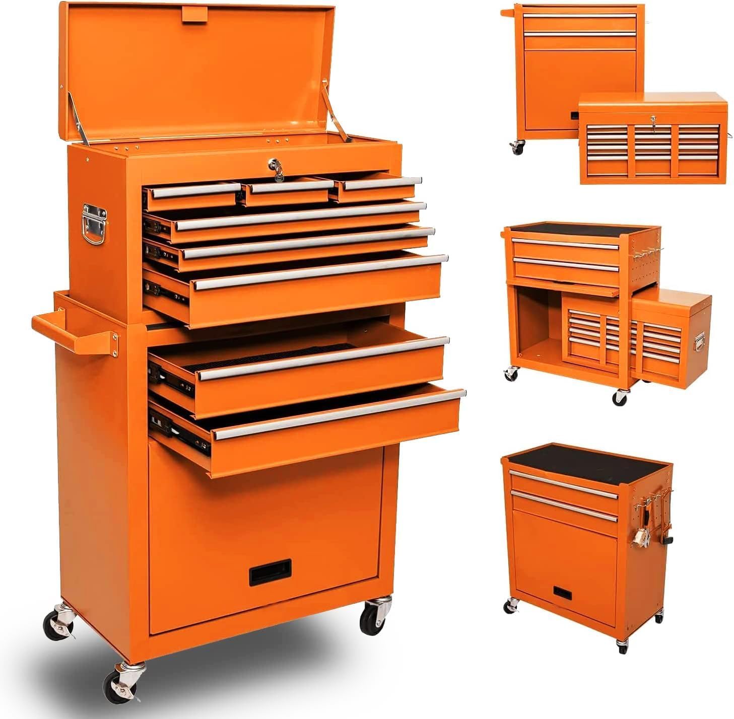 8-Drawer High Capacity Rolling Tool Box with Wheels,Rolling Tool Chest with Drawer,Tool Box on 4 Wheels with Lock, Tool Storage Cabinet Removable Portable Box for Garage Warehouse (Orange)