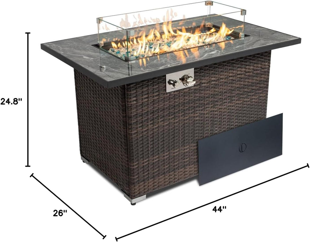 44in Outdoor Propane Gas Fire Pit Table, 50,000 BTU Auto-Ignition Gas Firepit with Glass Wind Guard, Marble Tile Tabletop, Mixed Color Glass Rocks, Brown PE Rattan