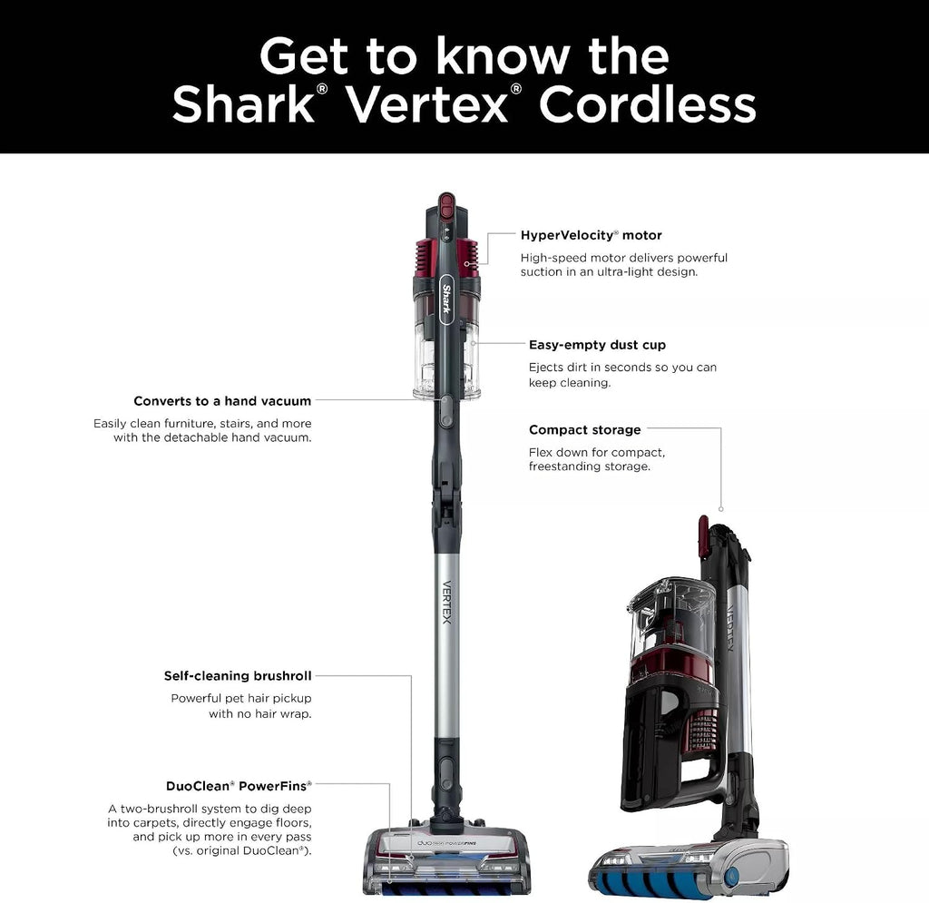 Shark R-IZ464H Vertex Cordless Stick Vacuum with DuoClean PowerFins, Lightweight, Pet Hair, HEPA, 60 Min Run Time - Certified Refurbished