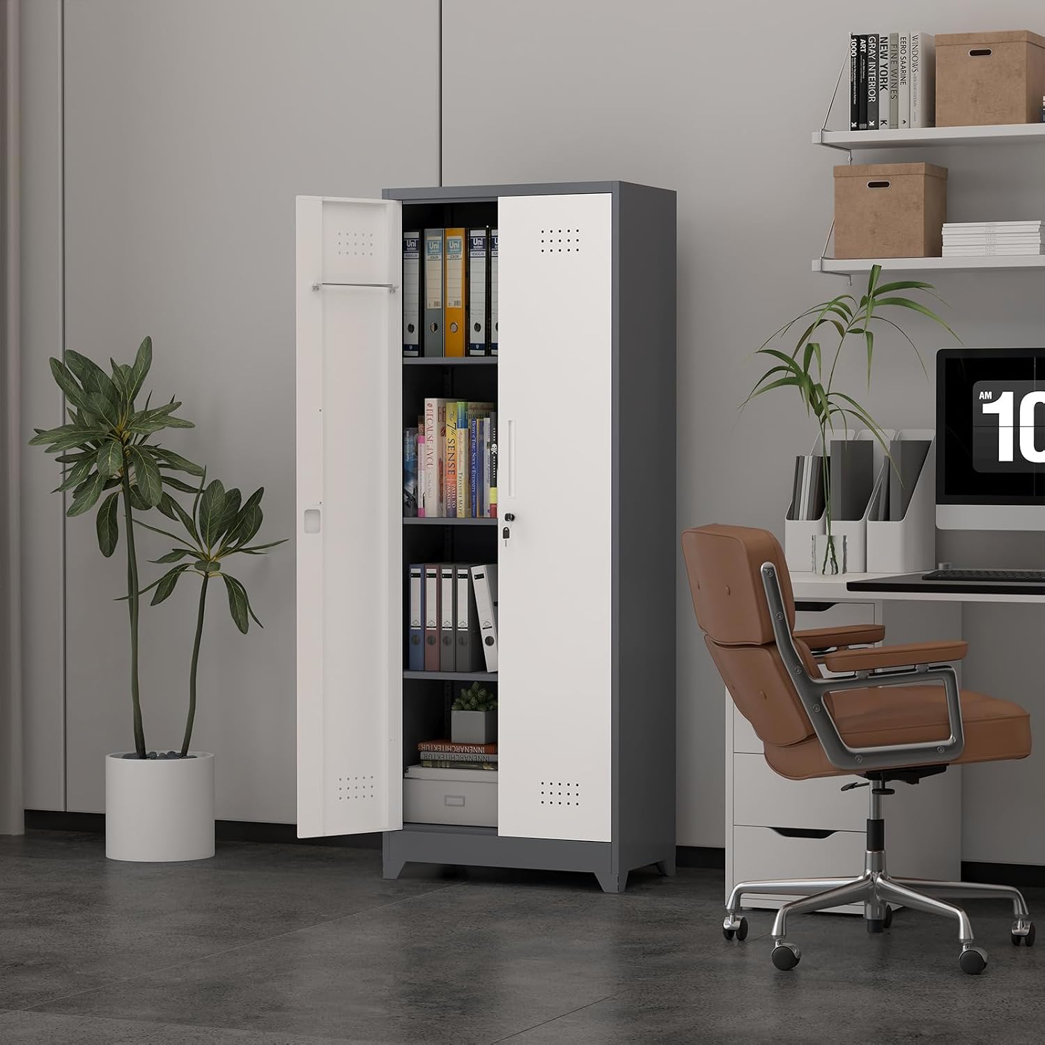 65' H Metal Garage Storage Cabinets with Doors and Shelves, Locking Cabinet, Broom Closet Storage Cabinets with Hanging Rod, Functional Tool Cabinet for Home, Garage, Kitchen