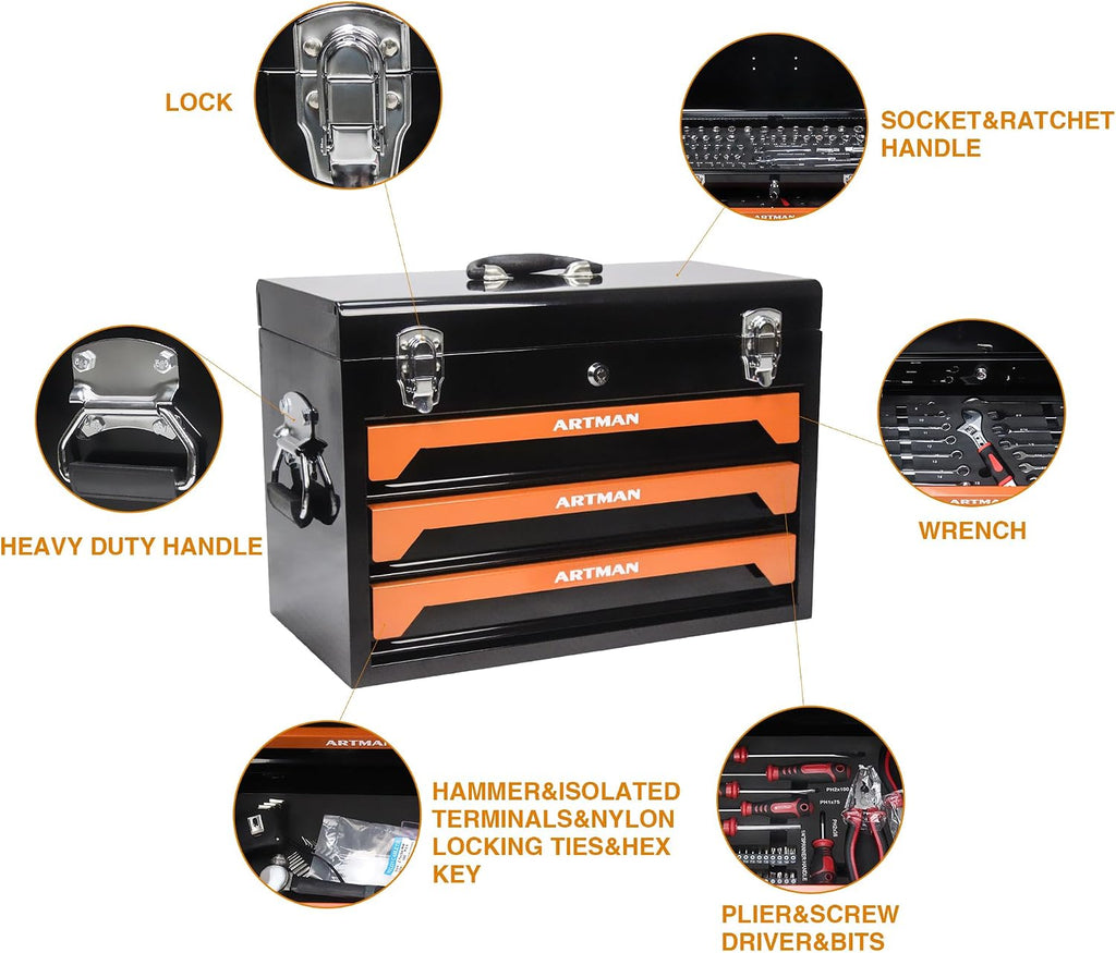 Mini Tool Box, Key Locking System with Tool Set, Portable Steel Tool Box with Drawers, Small Toolbox for Organizing Tools in Garage, Home, Warehouse