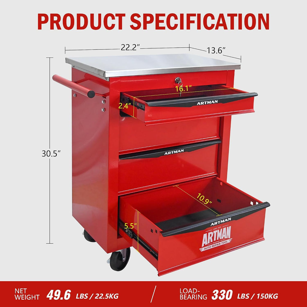 4 Drawers Rolling Tool Box on Wheels, Stainless Steel Countertop Tool Chest Cabinet with Lock, Drawers Rolling Tool Cart Trolley Organizer Tool Case for Garage,Warehouse (Red)
