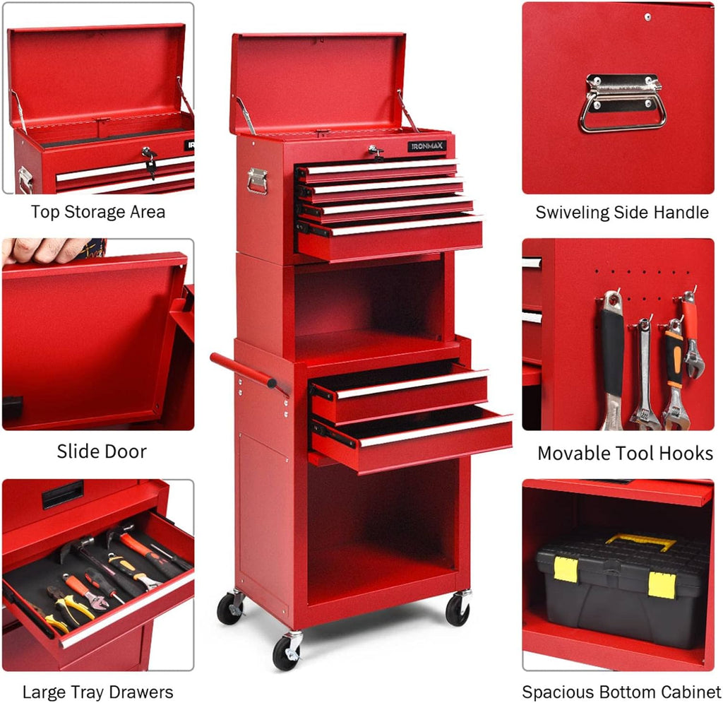 IRONMAX 6-Drawer Tool Cabinet on Wheels, Lockable 3 in 1 Heavy Duty Toolbox Organizer w/ 4 Universal Wheels & Hooks, Detachable Metal Tool Chest for Garage, Warehouse, Repair Shop (Red)