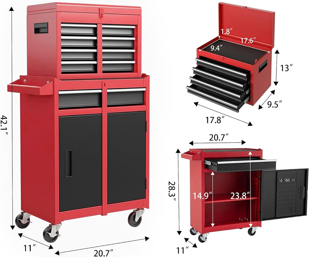 Tool Chest, 5-Drawer Rolling Tool Storage Cabinet with Detachable Top Tool Box, Liner, Universal Lockable Wheels, Adjustable Shelf, Locking Mechanism, Metal Tool Cart for Garage Workshop(red)